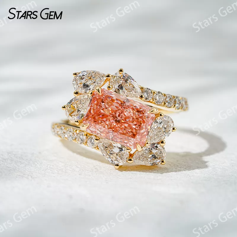 Luxury Jewelry 18K Gold 2.29ct Radiant Cut IGI Certified Pink Lab Diamond Pave Engagement Ring