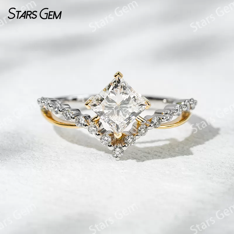 18K Solid Two-tone Gold 5.5x5.5mm Princess Cut Lab Grown Diamond Engagement Ring