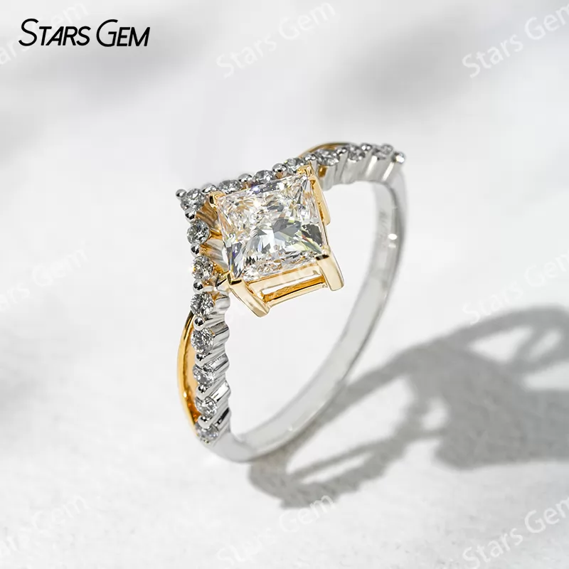 18K Solid Two-tone Gold 5.5x5.5mm Princess Cut Lab Grown Diamond Engagement Ring