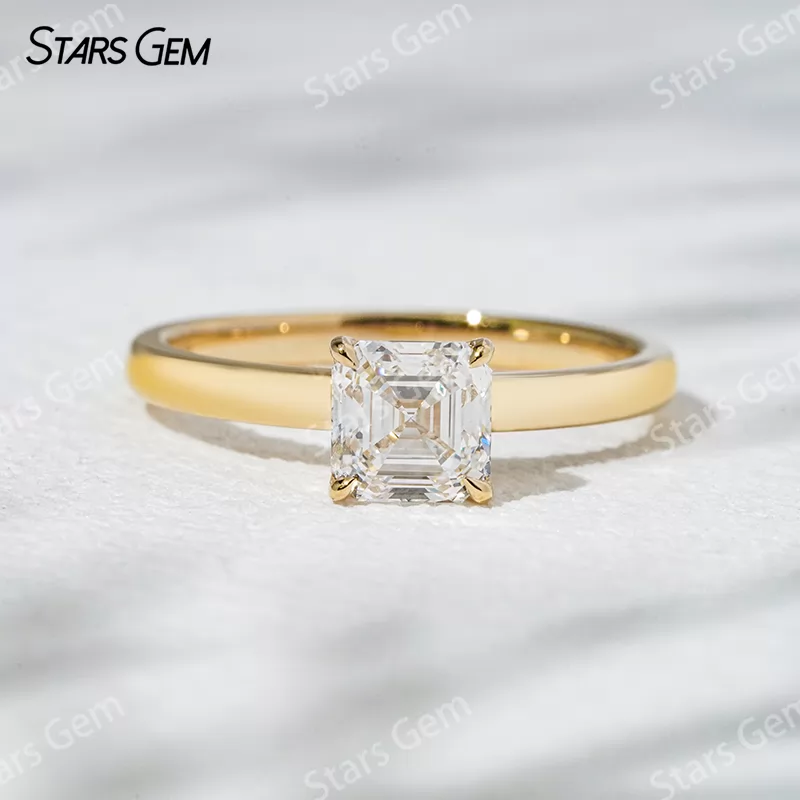18K Gold with 1 carat Asscher Cut Lab Grown Diamond Solitaire Engagement Ring