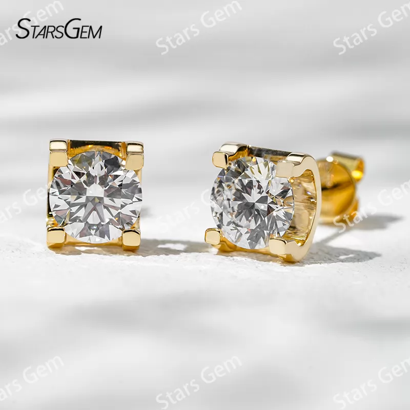 6.4mm Round Brilliant Cut Lab Grown Diamond Bull-Head Style 14K 18K Gold Diamond Stud Earrings