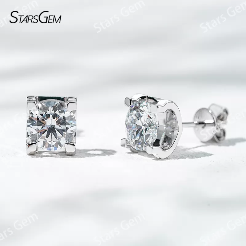 6.4mm Round Brilliant Cut Lab Grown Diamond Bull-Head Style 14K 18K Gold Diamond Stud Earrings