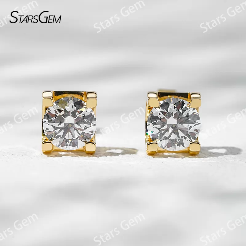 6.4mm Round Brilliant Cut Lab Grown Diamond Bull-Head Style 14K 18K Gold Diamond Stud Earrings