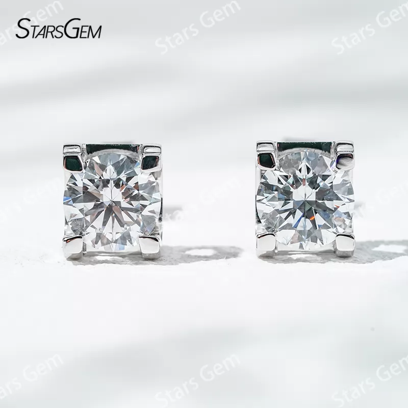 6.4mm Round Brilliant Cut Lab Grown Diamond Bull-Head Style 14K 18K Gold Diamond Stud Earrings