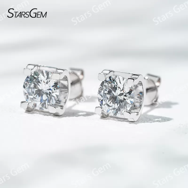 6.4mm Round Brilliant Cut Lab Grown Diamond Bull-Head Style 14K 18K Gold Diamond Stud Earrings