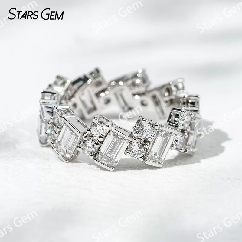 Unique Jewelry 18K White Gold 3x5mm Emerald and Round Cut Lab Diamond Eternity Ring