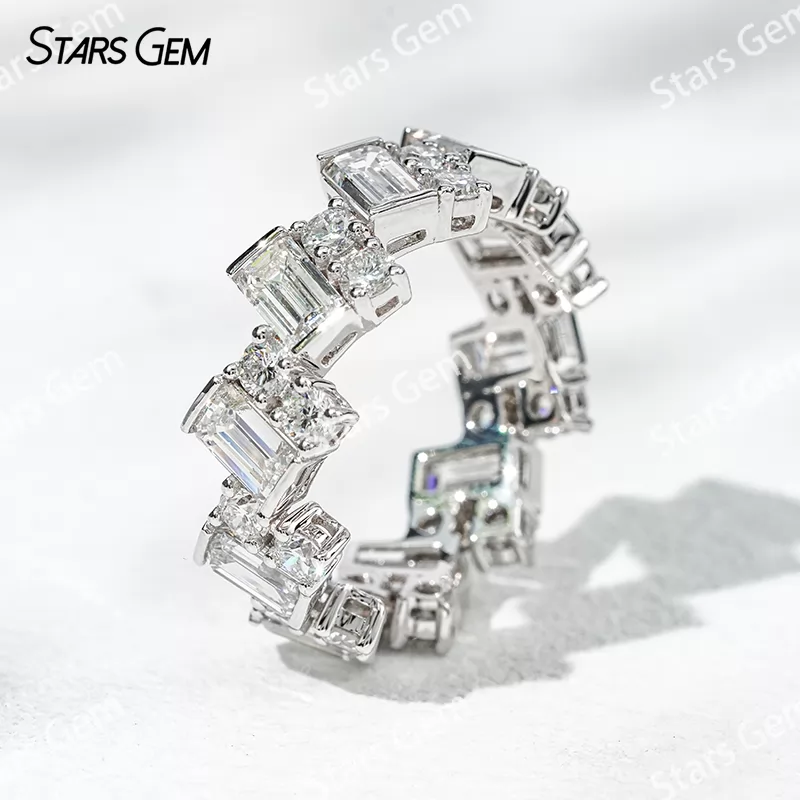 Unique Jewelry 18K White Gold 3x5mm Emerald and Round Cut Lab Diamond Eternity Ring