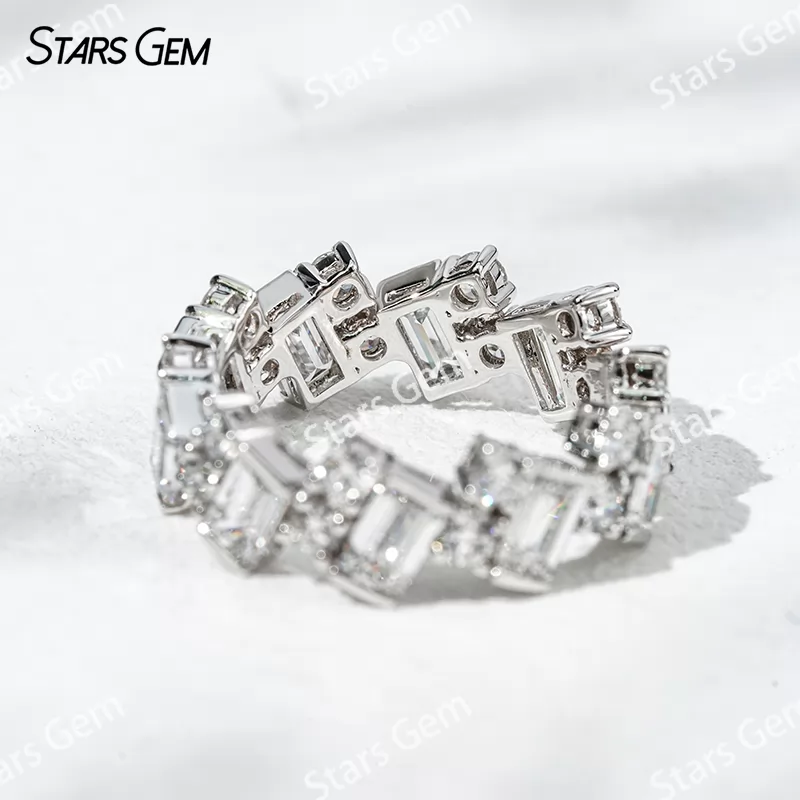 Unique Jewelry 18K White Gold 3x5mm Emerald and Round Cut Lab Diamond Eternity Ring