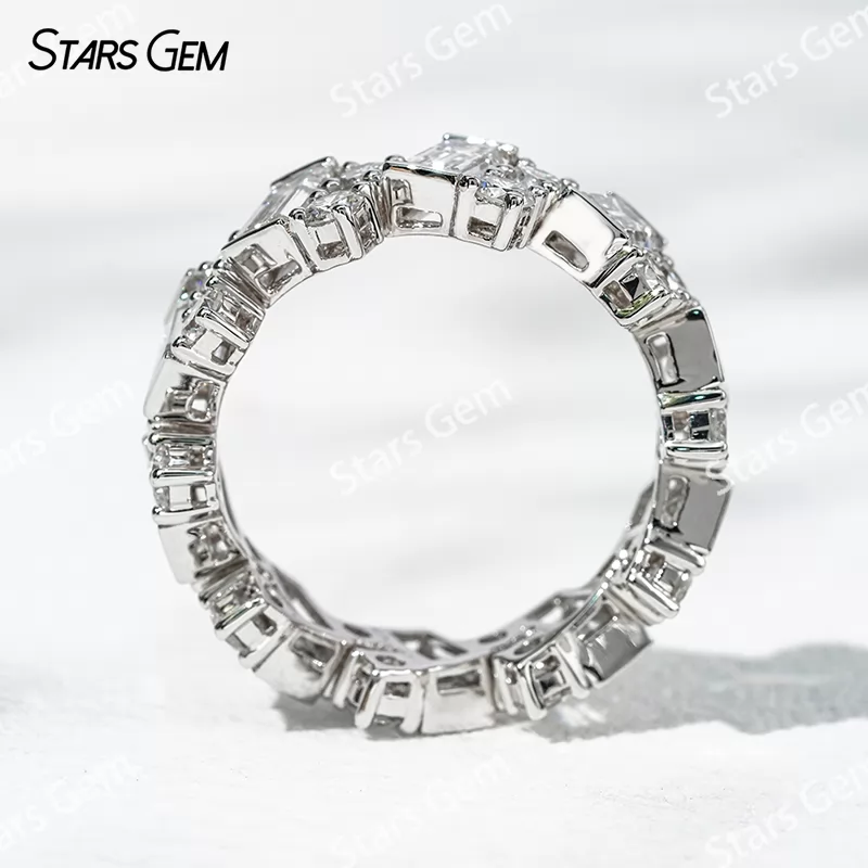Unique Jewelry 18K White Gold 3x5mm Emerald and Round Cut Lab Diamond Eternity Ring