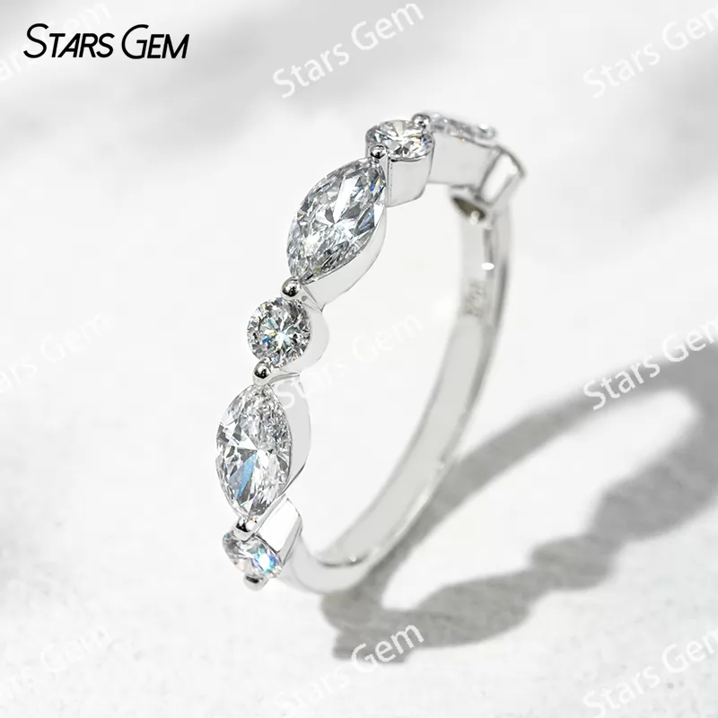 18K White Gold Half circle Diamond with Marquise and Round Cut Lab Diamond Eternity Ring