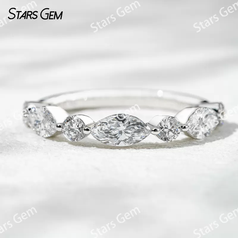 18K White Gold Half circle Diamond with Marquise and Round Cut Lab Diamond Eternity Ring