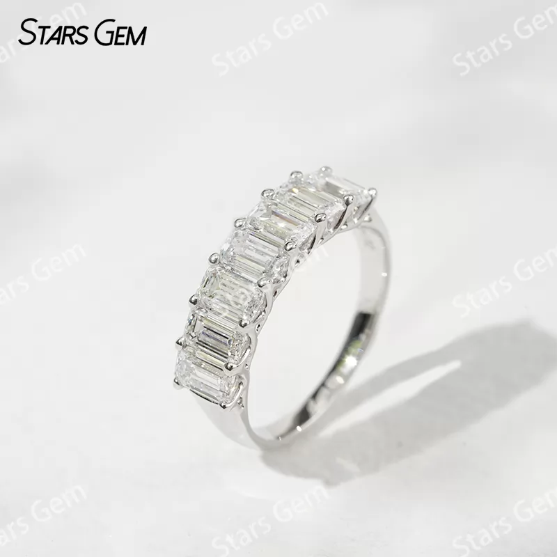3×5mm Emerald Cut Lab Grown Diamond 18K White Gold Half circle Diamond Eternity Ring