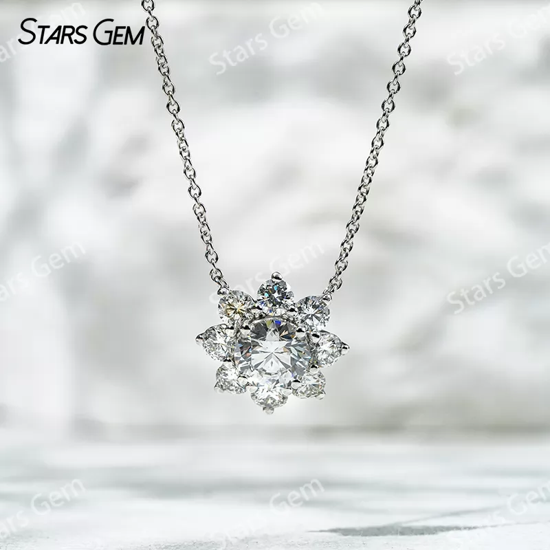 1.0ct 6.5mm Round Brilliant Cut DEF VS Lab Grown Diamond Sunflower Pendant 18K White Gold Necklace