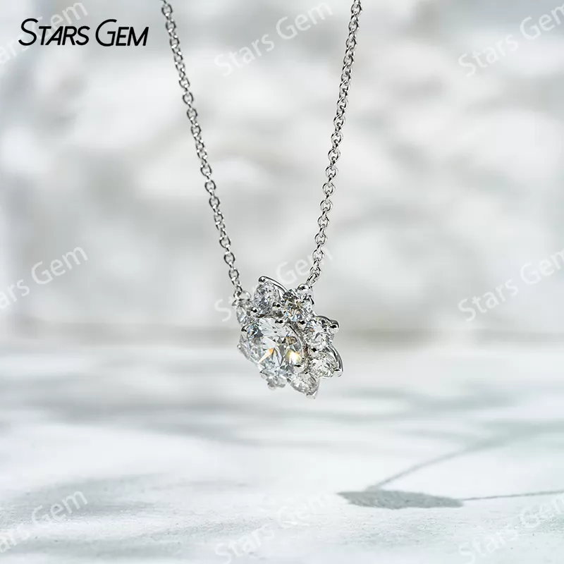 1.0ct 6.5mm Round Brilliant Cut DEF VS Lab Grown Diamond Sunflower Pendant 18K White Gold Necklace