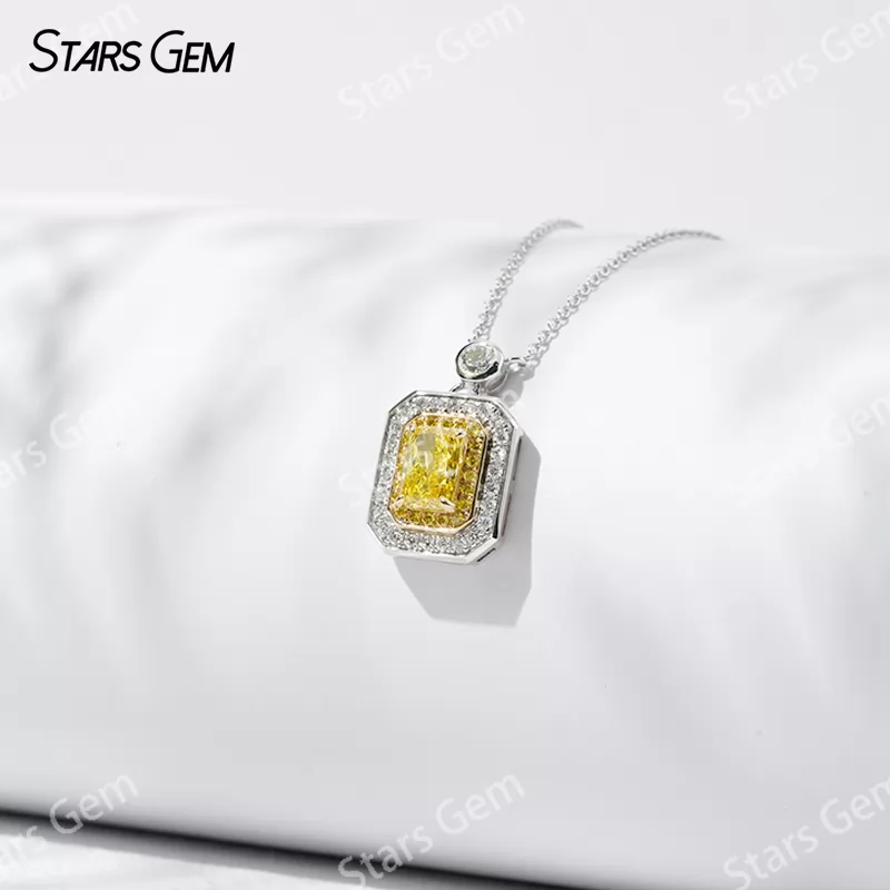 Halo Set 0.8 Carat Radiant Cut Yellow Lab Grown Diamond Pendant 18K Gold Necklace