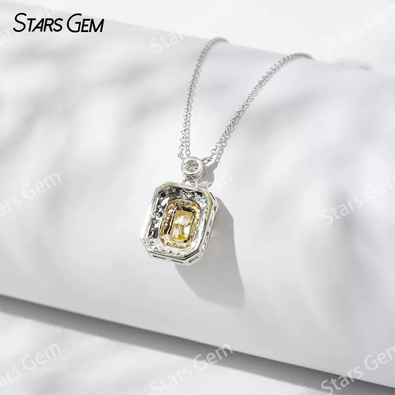Halo Set 0.8 Carat Radiant Cut Yellow Lab Grown Diamond Pendant 18K Gold Necklace