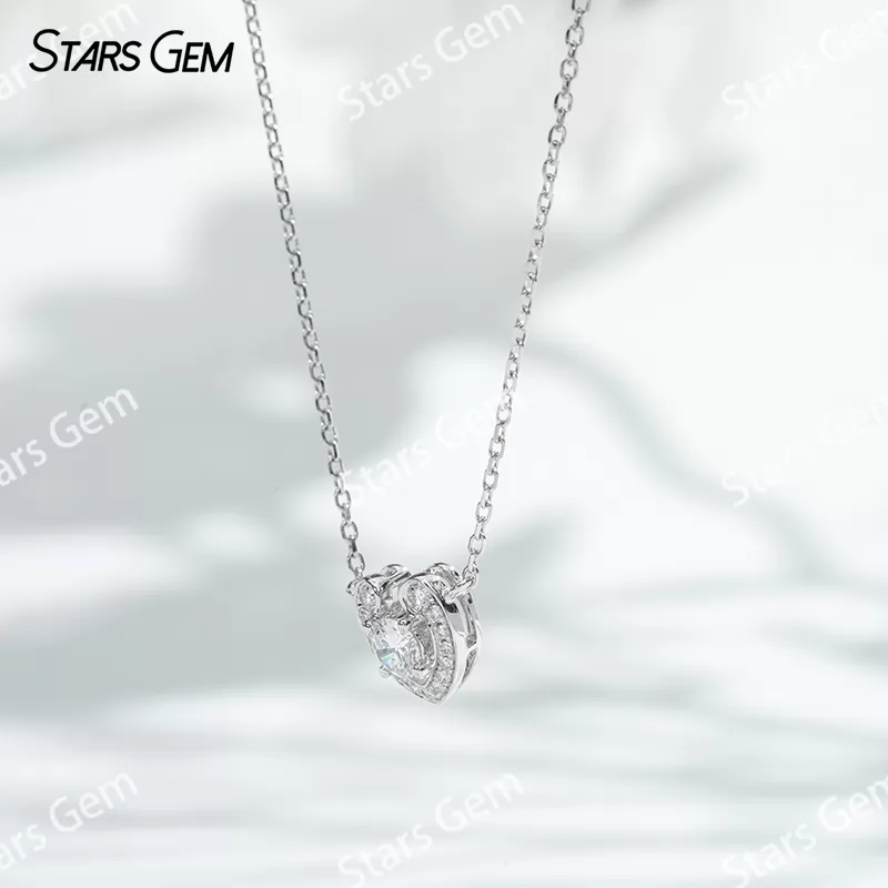 18K White Gold Necklace White Round Cut DEF VS Lab Grown Diamond Heart Shape Pendant