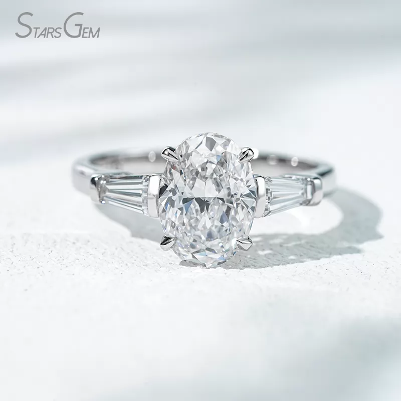 18K Solid Gold Three Stone Type Certified Oval Cut with Trapezoid Cut Lab Grown Diamond Engagement Ring