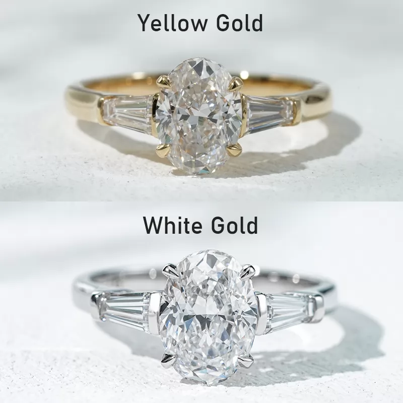 18K Solid Gold Three Stone Type Certified Oval Cut with Trapezoid Cut Lab Grown Diamond Engagement Ring