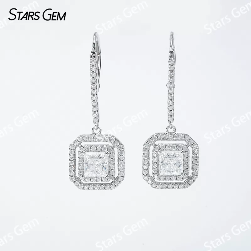 Double Halo Set S925 Sterling Silver Earring 5.5x5.5mm Square Princess Cut Moissanite Drop Earrings