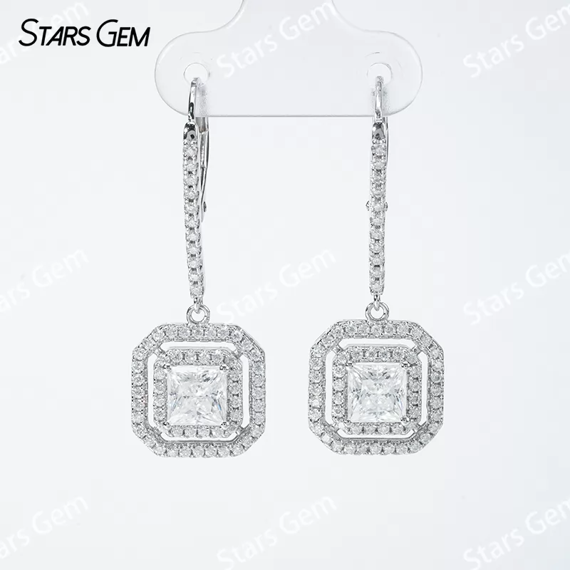 Double Halo Set S925 Sterling Silver Earring 5.5x5.5mm Square Princess Cut Moissanite Drop Earrings