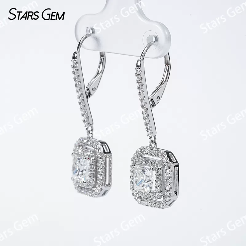 Double Halo Set S925 Sterling Silver Earring 5.5x5.5mm Square Princess Cut Moissanite Drop Earrings