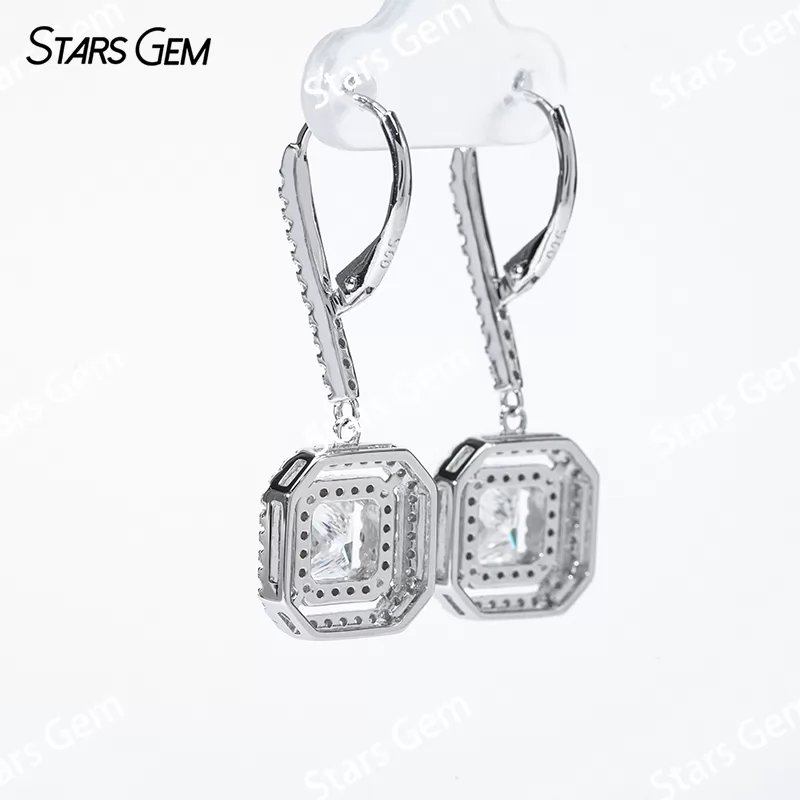 Double Halo Set S925 Sterling Silver Earring 5.5x5.5mm Square Princess Cut Moissanite Drop Earrings