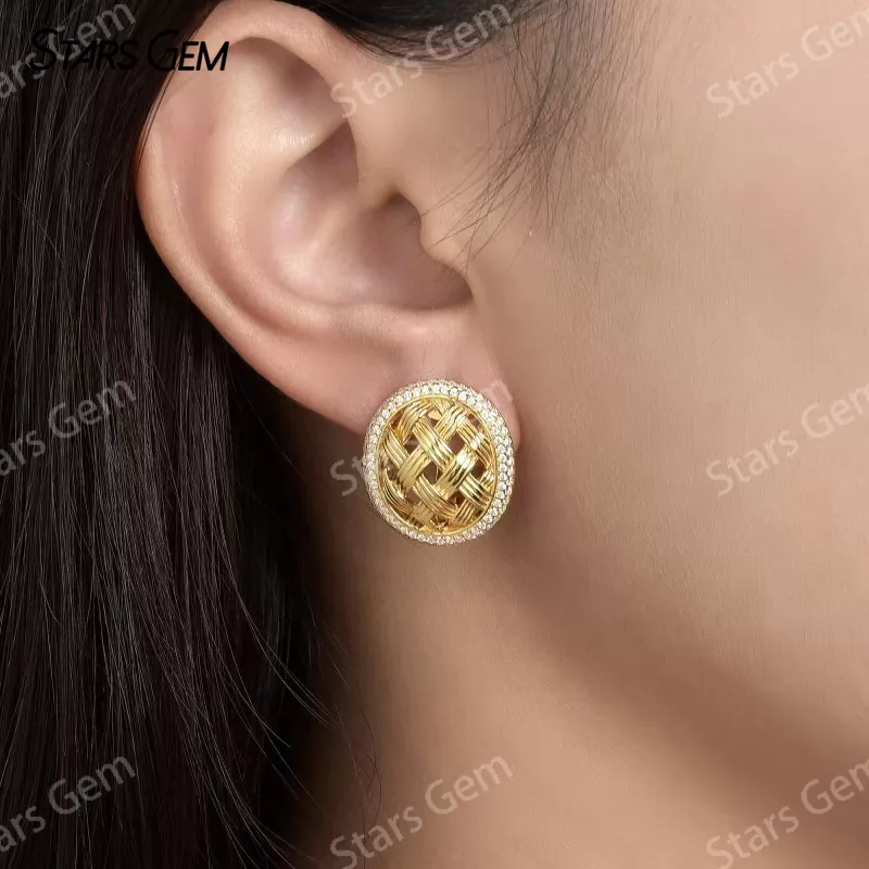 Vintage Cross-weave Typ S925 Sterling Silver Earring Round Brilliant Cut Moissanite Stud Earrings
