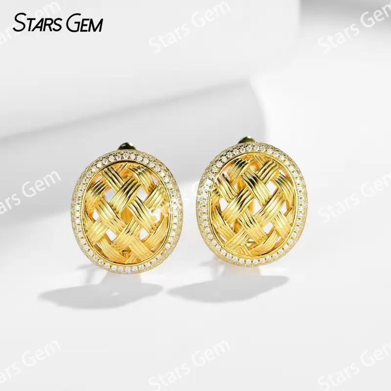 Vintage Cross-weave Typ S925 Sterling Silver Earring Round Brilliant Cut Moissanite Stud Earrings