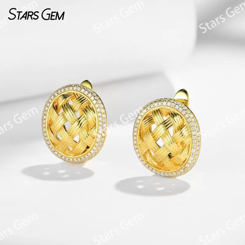 Vintage Cross-weave Typ S925 Sterling Silver Earring Round Brilliant Cut Moissanite Stud Earrings