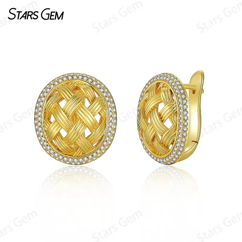 Vintage Cross-weave Typ S925 Sterling Silver Earring Round Brilliant Cut Moissanite Stud Earrings