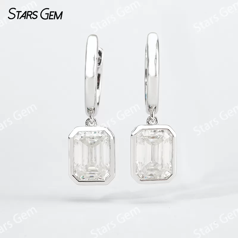 6×8mm Octagon Emerald Cut Moissanite Bezel Set S925 Sterling Silver Drop Earrings
