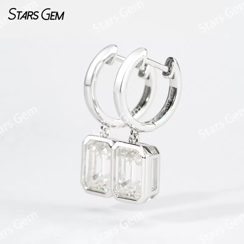 6×8mm Octagon Emerald Cut Moissanite Bezel Set S925 Sterling Silver Drop Earrings