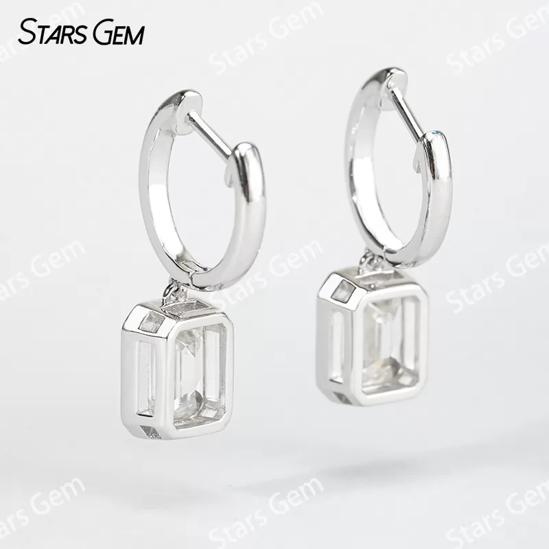 6×8mm Octagon Emerald Cut Moissanite Bezel Set S925 Sterling Silver Drop Earrings