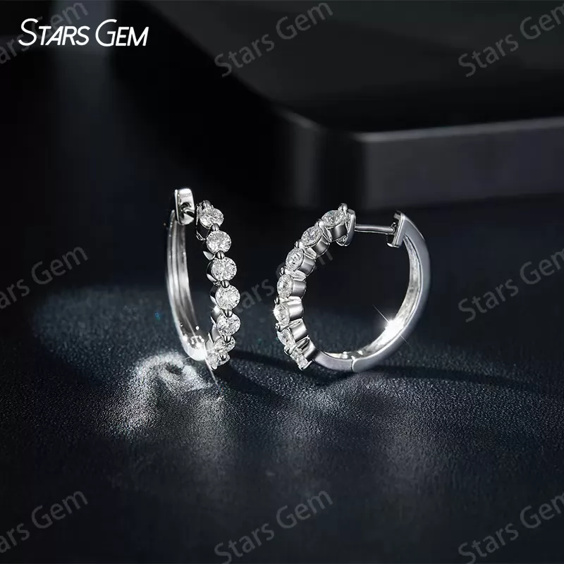 S925 Sterling Silver Earring 2.4mm Round Brilliant Cut Moissanite Diamond Hoop Earrings