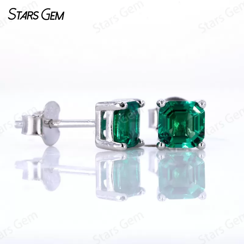 4 Prongs Basket Set S925 Sterling Silver Earring 2.0ct Asscher Cut Lab Grown Emerald Stud Earrings