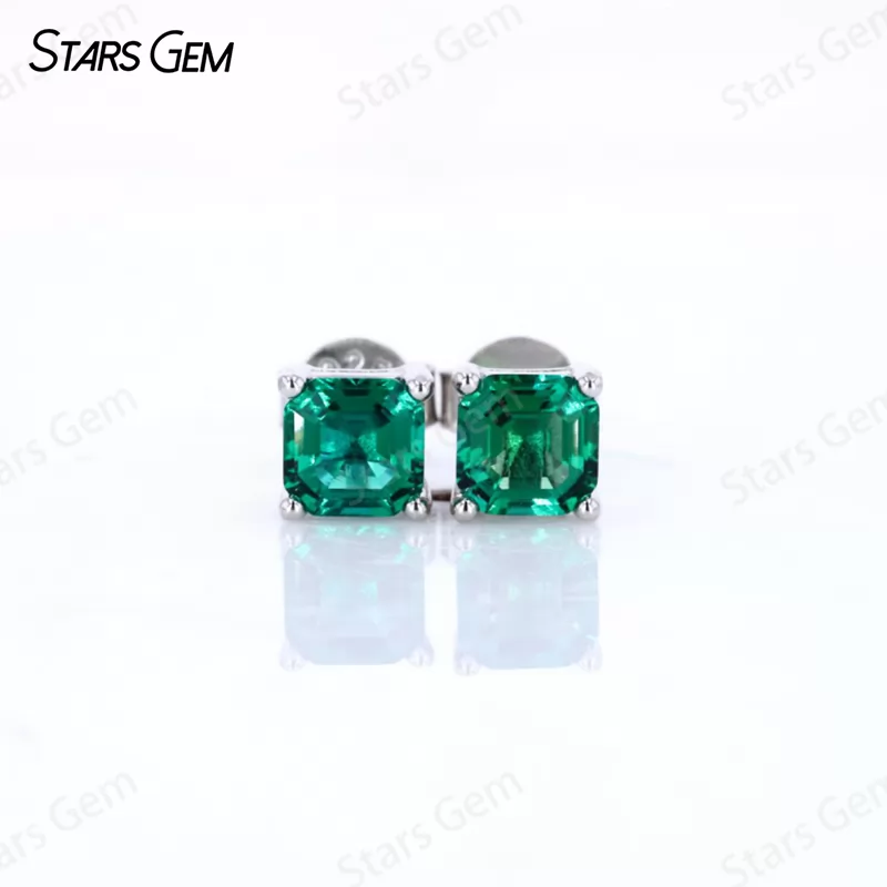 4 Prongs Basket Set S925 Sterling Silver Earring 2.0ct Asscher Cut Lab Grown Emerald Stud Earrings