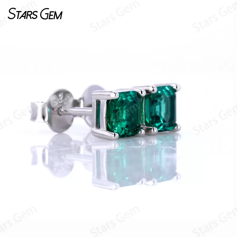 4 Prongs Basket Set S925 Sterling Silver Earring 2.0ct Asscher Cut Lab Grown Emerald Stud Earrings