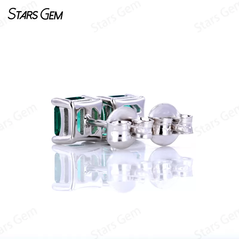 4 Prongs Basket Set S925 Sterling Silver Earring 2.0ct Asscher Cut Lab Grown Emerald Stud Earrings