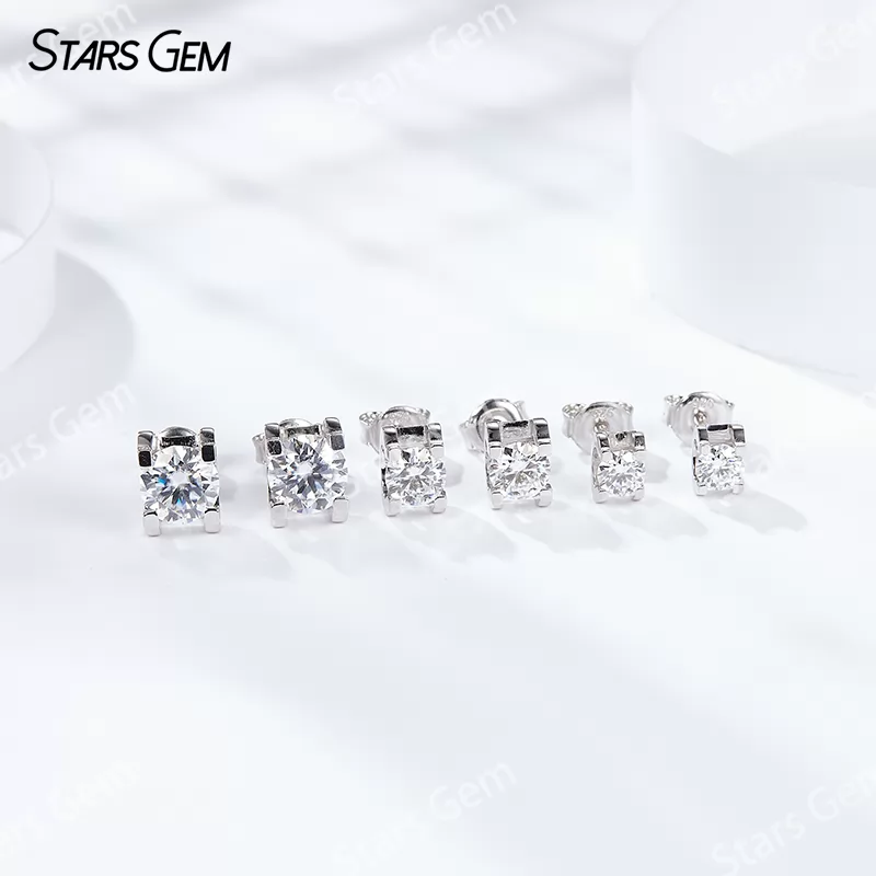 S925 Sterling Silver 0.6ct to 2.0ct per Pairs Round Brilliant Cut DEF VVS Moissanite Diamond Stud Earrings