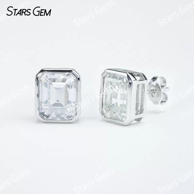 8×10mm Octagon Emerald Cut Moissanite Bezel Set S925 Sterling Silver Diamond Stud Earrings