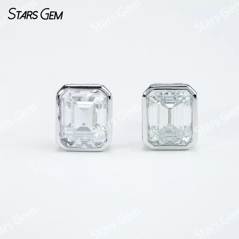 8×10mm Octagon Emerald Cut Moissanite Bezel Set S925 Sterling Silver Diamond Stud Earrings