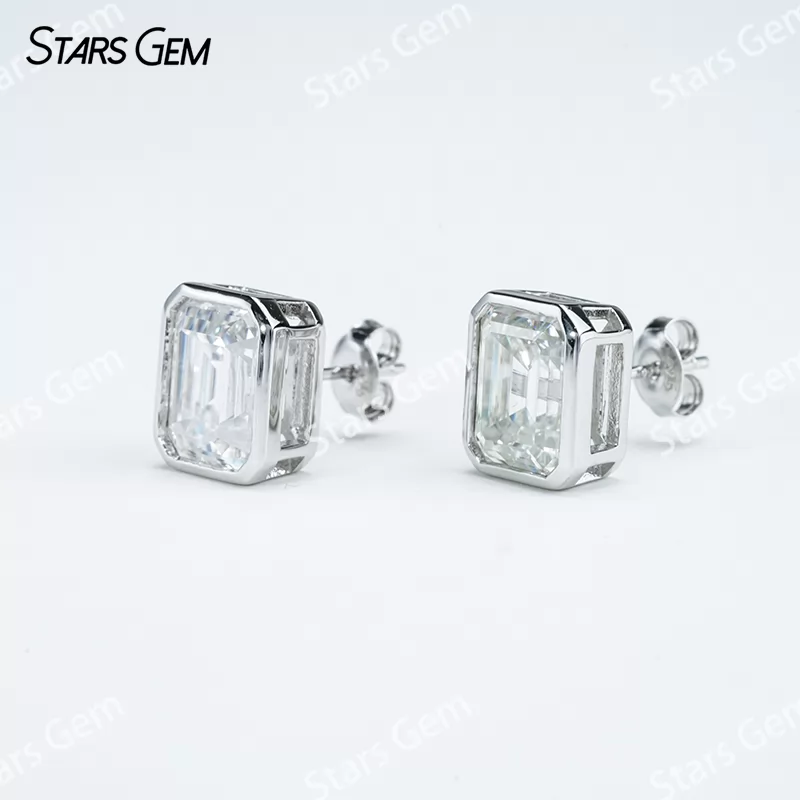 8×10mm Octagon Emerald Cut Moissanite Bezel Set S925 Sterling Silver Diamond Stud Earrings