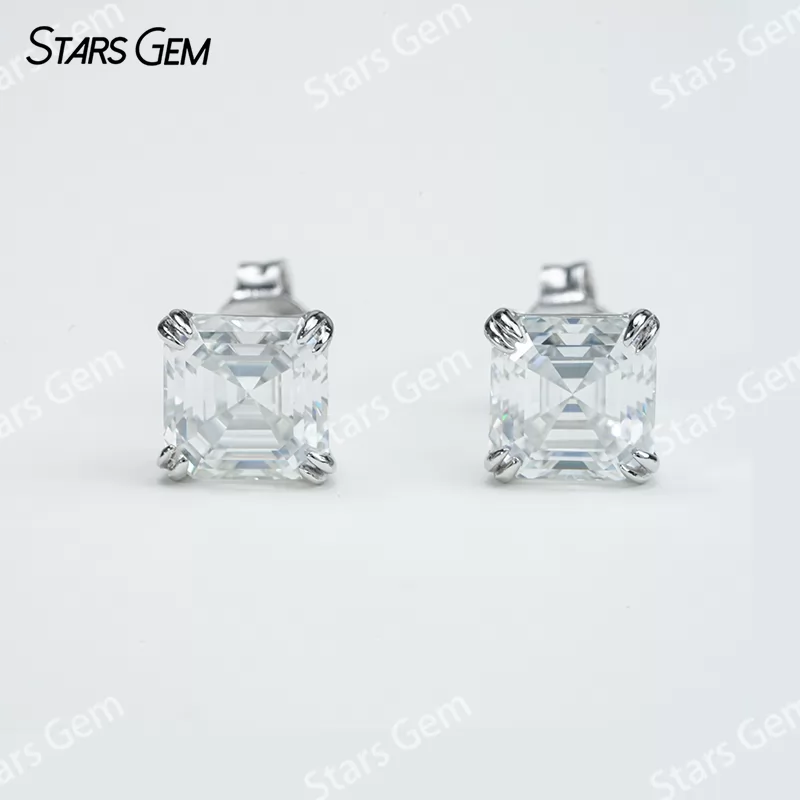 7×7mm Asscher Cut Moissanite S925 Sterling Silver Diamond Stud Earrings