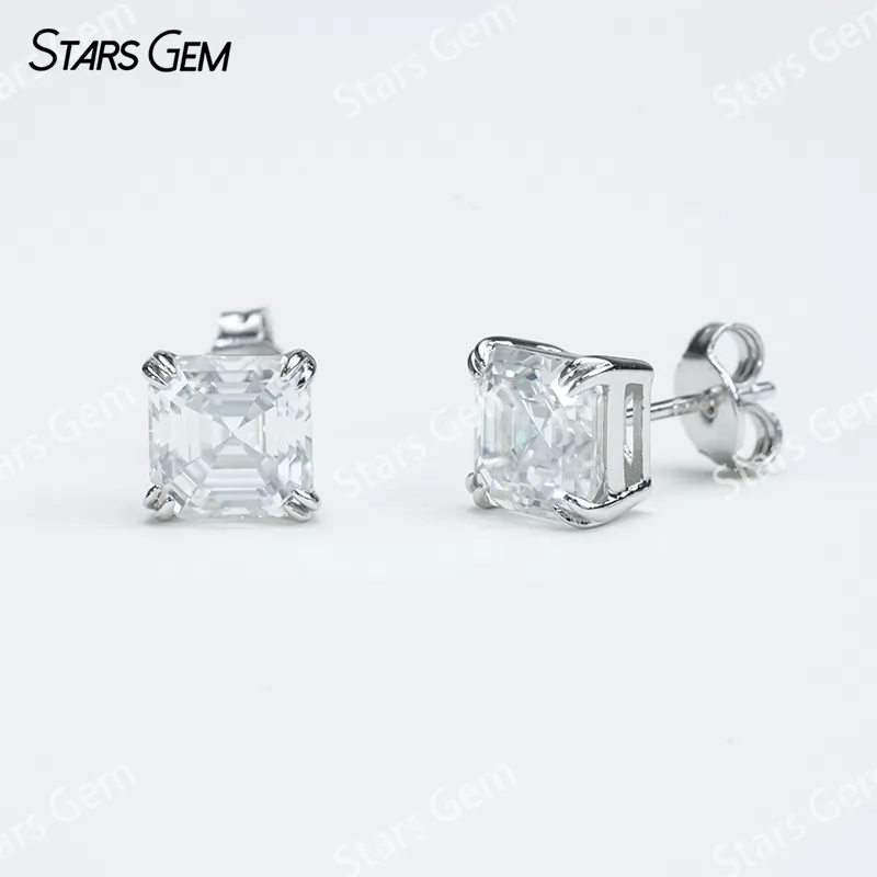 7×7mm Asscher Cut Moissanite S925 Sterling Silver Diamond Stud Earrings