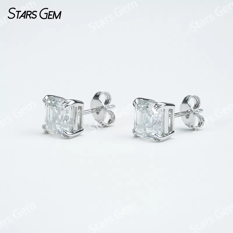 7×7mm Asscher Cut Moissanite S925 Sterling Silver Diamond Stud Earrings