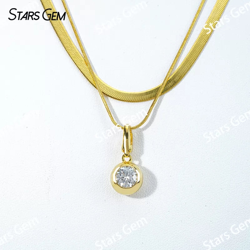 6.5mm Round Brilliant Cut Moissanite Bezel Set S925 Sterling Silver Diamond Pendant Necklace