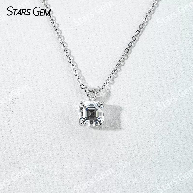 7×7mm Asscher Cut Moissanite S925 Sterling Silver Diamond Pendant Necklace