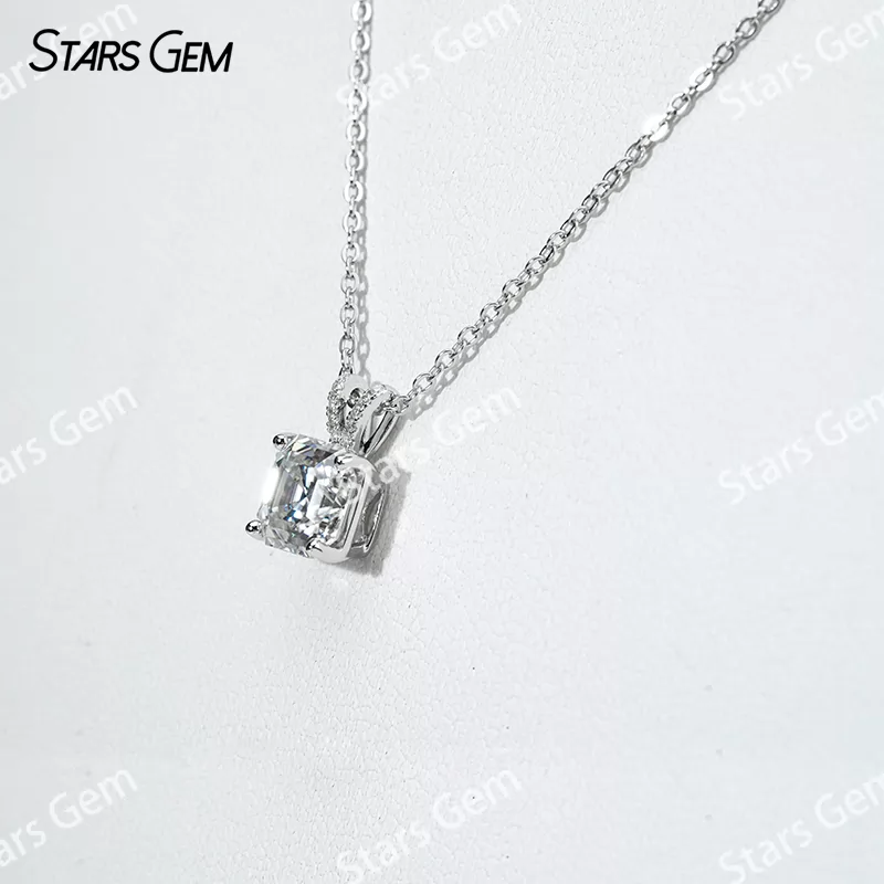 7×7mm Asscher Cut Moissanite S925 Sterling Silver Diamond Pendant Necklace