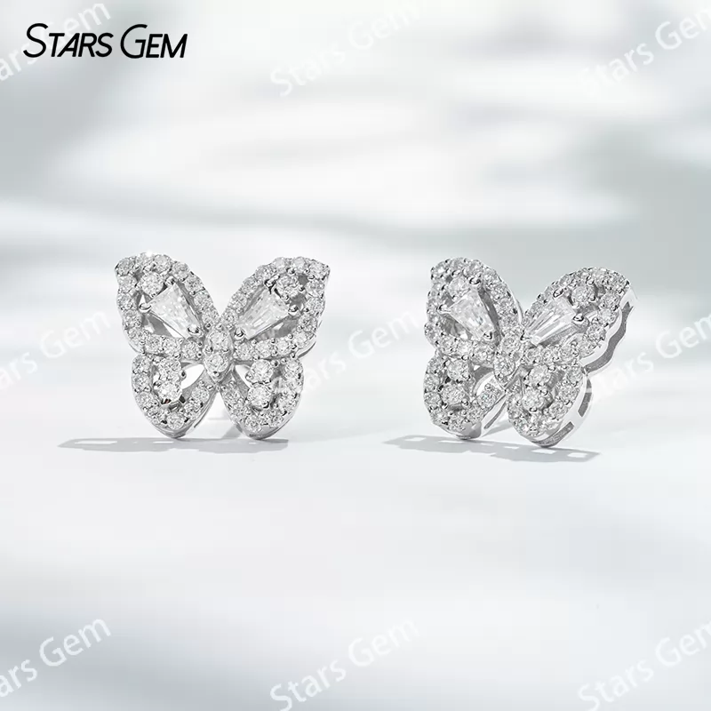 1×2×3mm Trapezoid Cut Moissanite Butterfly Shape S925 Sterling Silver Diamond Stud Earrings